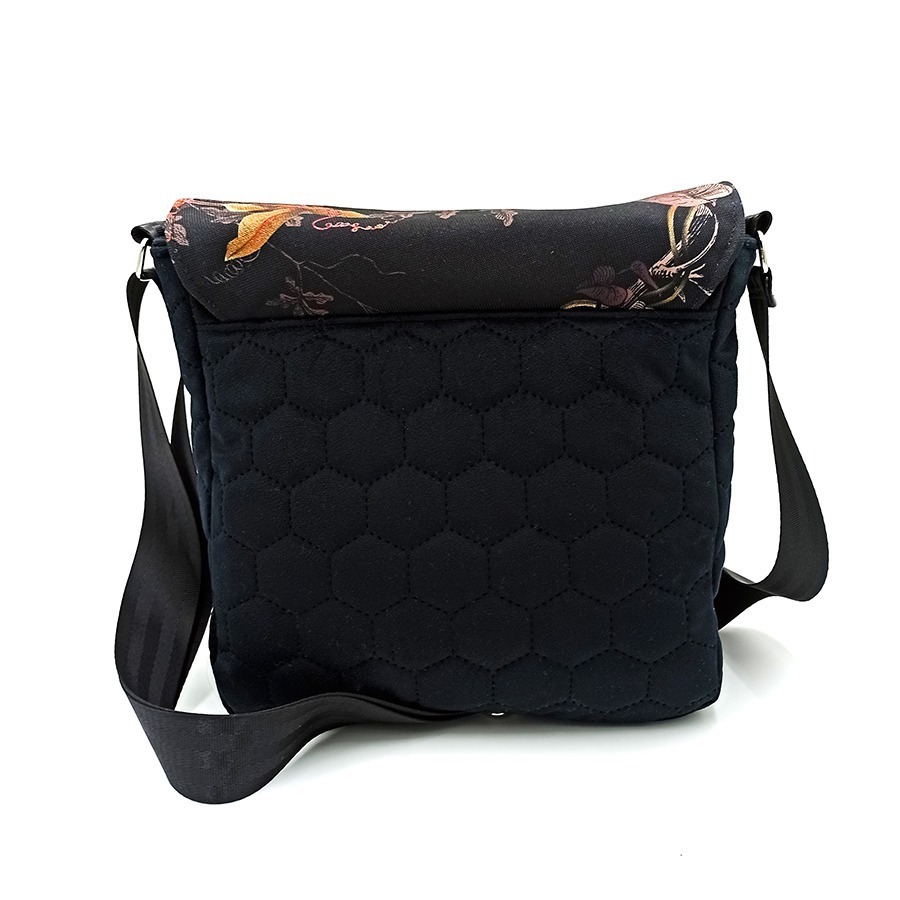 Torba listonoszka – czerń z kwiatami V2 - obrazek 2