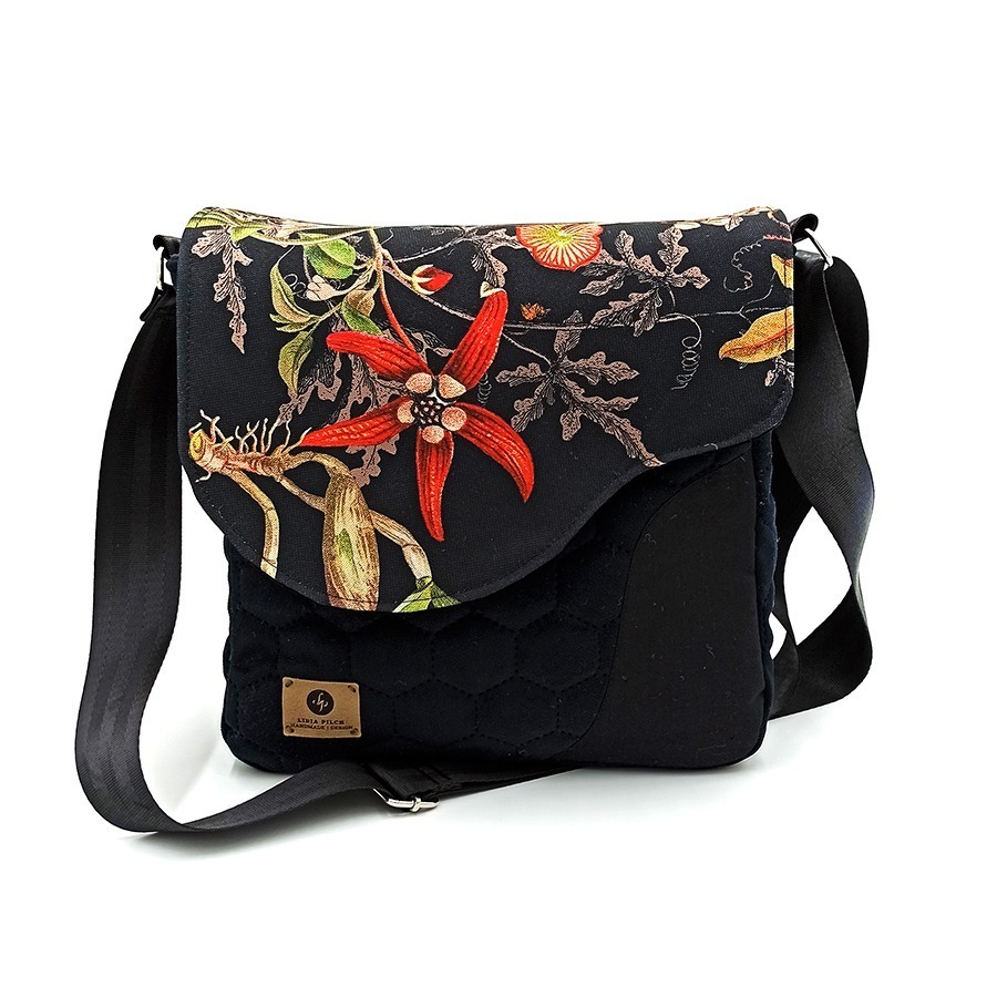Torba listonoszka – czerń z kwiatami