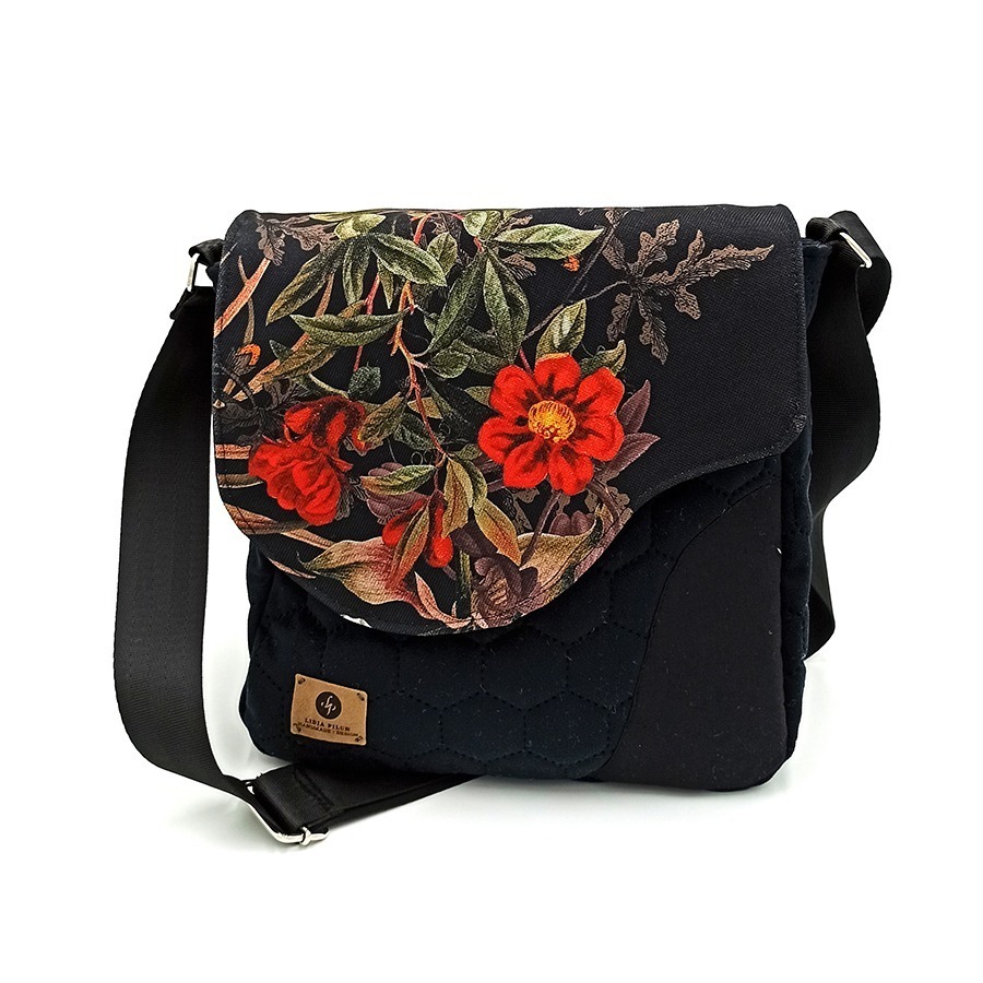 Torba listonoszka – czerń z kwiatami V3