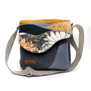 Torba listonoszka – grafit i musztarda z kwiatowym pejzażem