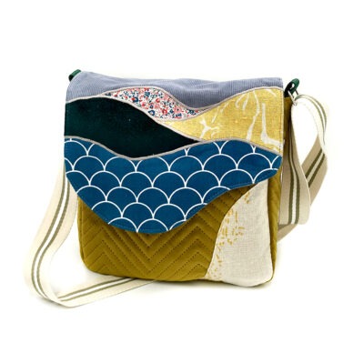Torba listonoszka – musztarda z szaro-turkusowym pejzażem