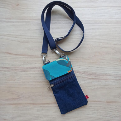 Torebka mini na telefon - jeans z błękitem i zielenią