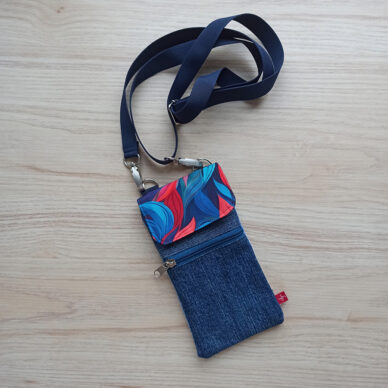 Torebka mini na telefon - jeans z czerwienią V2