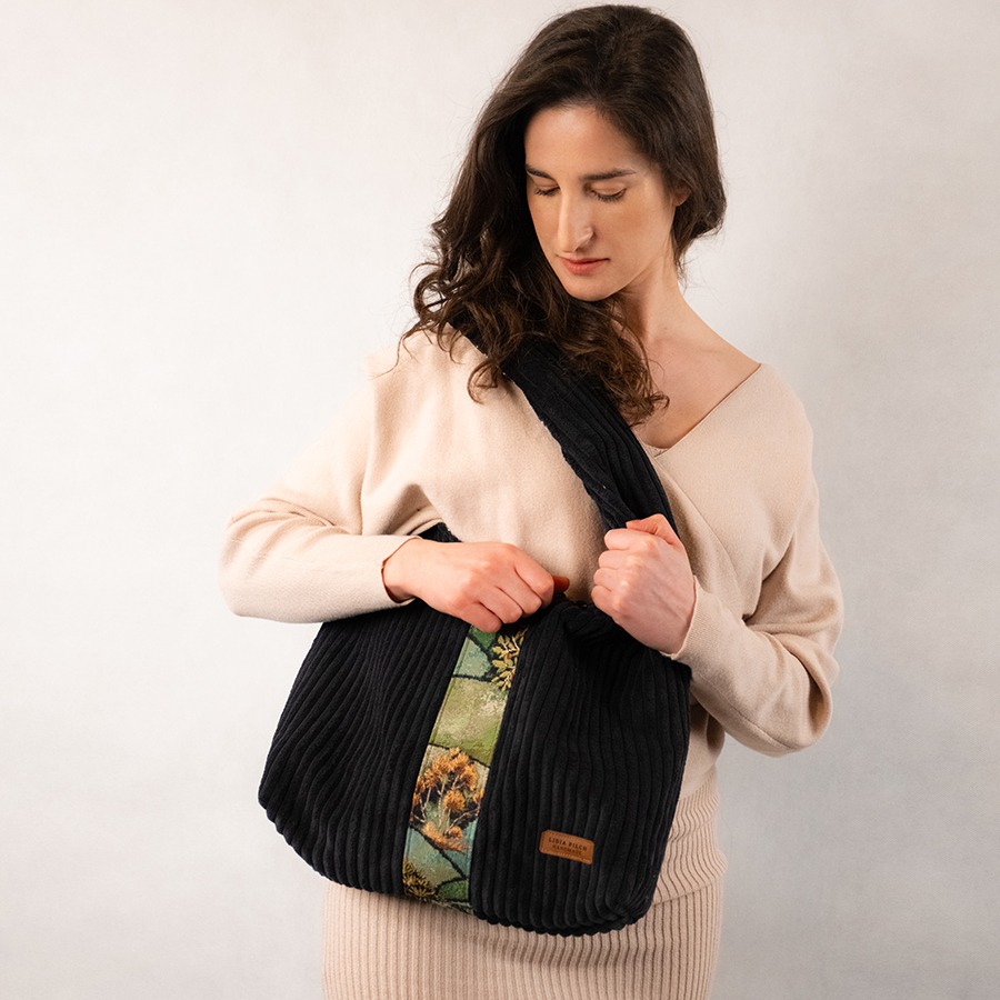 Torba na ramię - czarny sztruks z gobelinem - obrazek 11