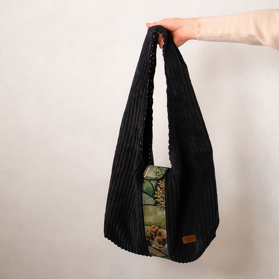 Torba na ramię - czarny sztruks z gobelinem - obrazek 5