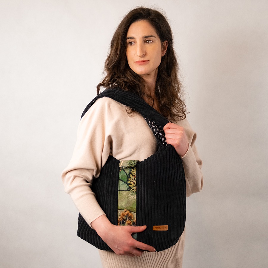 Torba na ramię - czarny sztruks z gobelinem - obrazek 2