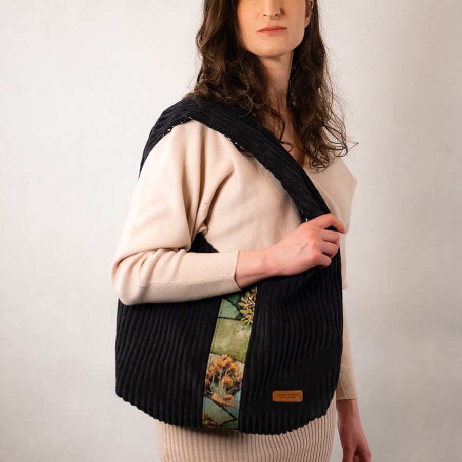 Torba na ramię - czarny sztruks z gobelinem - obrazek 3