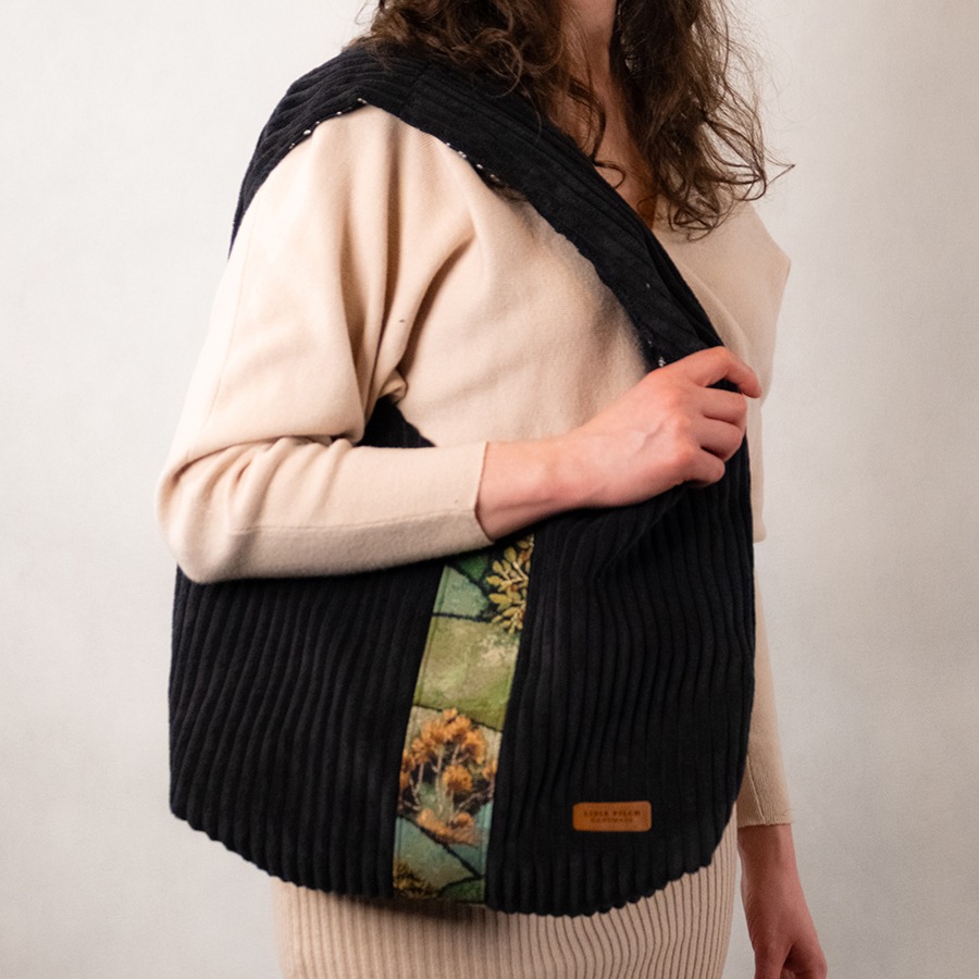 Torba na ramię - czarny sztruks z gobelinem - obrazek 10