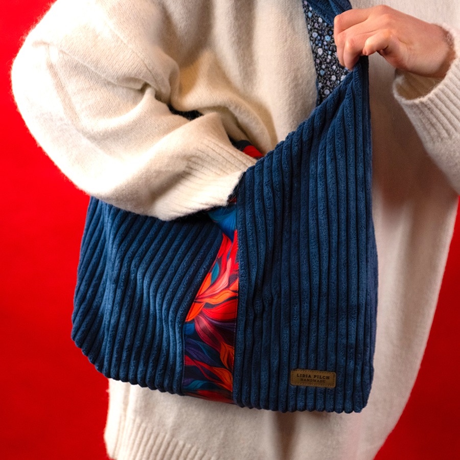 Torba na ramię - niebieski sztruks - obrazek 8