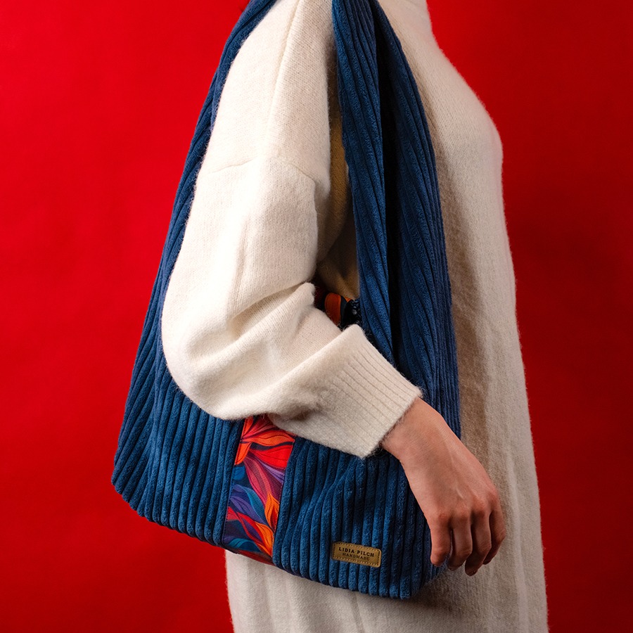 Torba na ramię - niebieski sztruks - obrazek 3