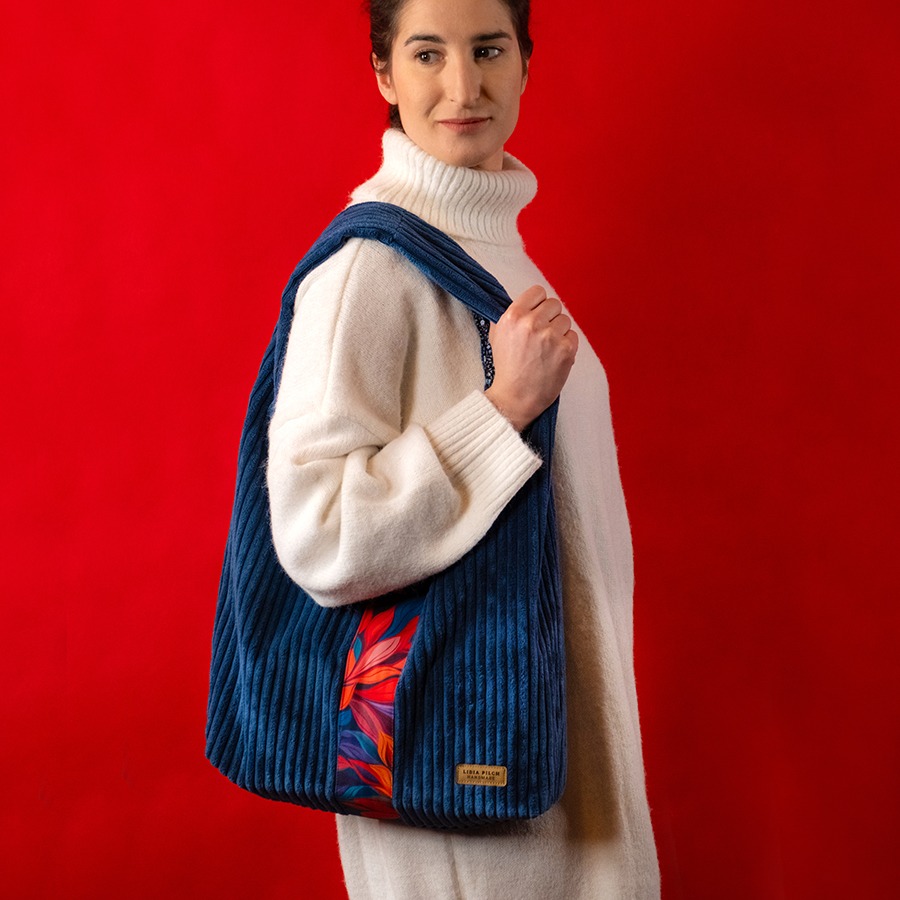 Torba na ramię - niebieski sztruks - obrazek 2