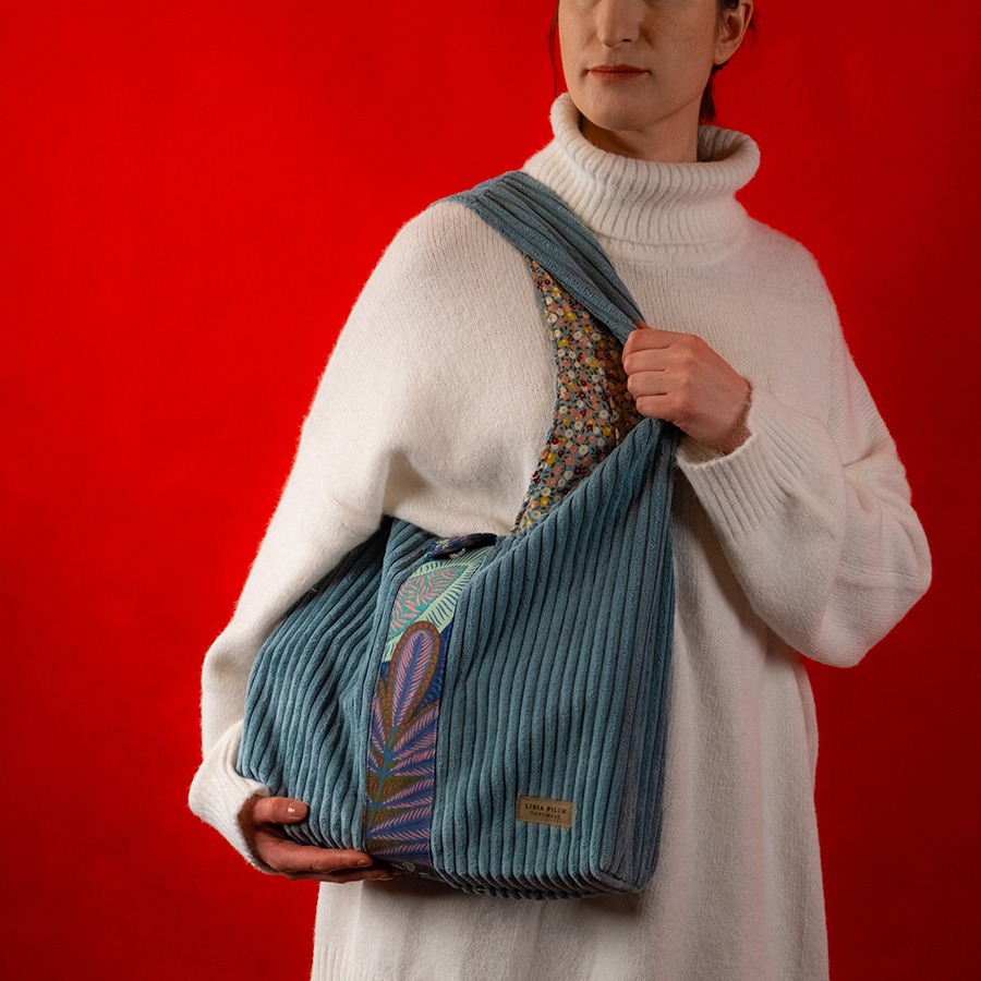 Torba na ramię - błękitny sztruks - obrazek 4