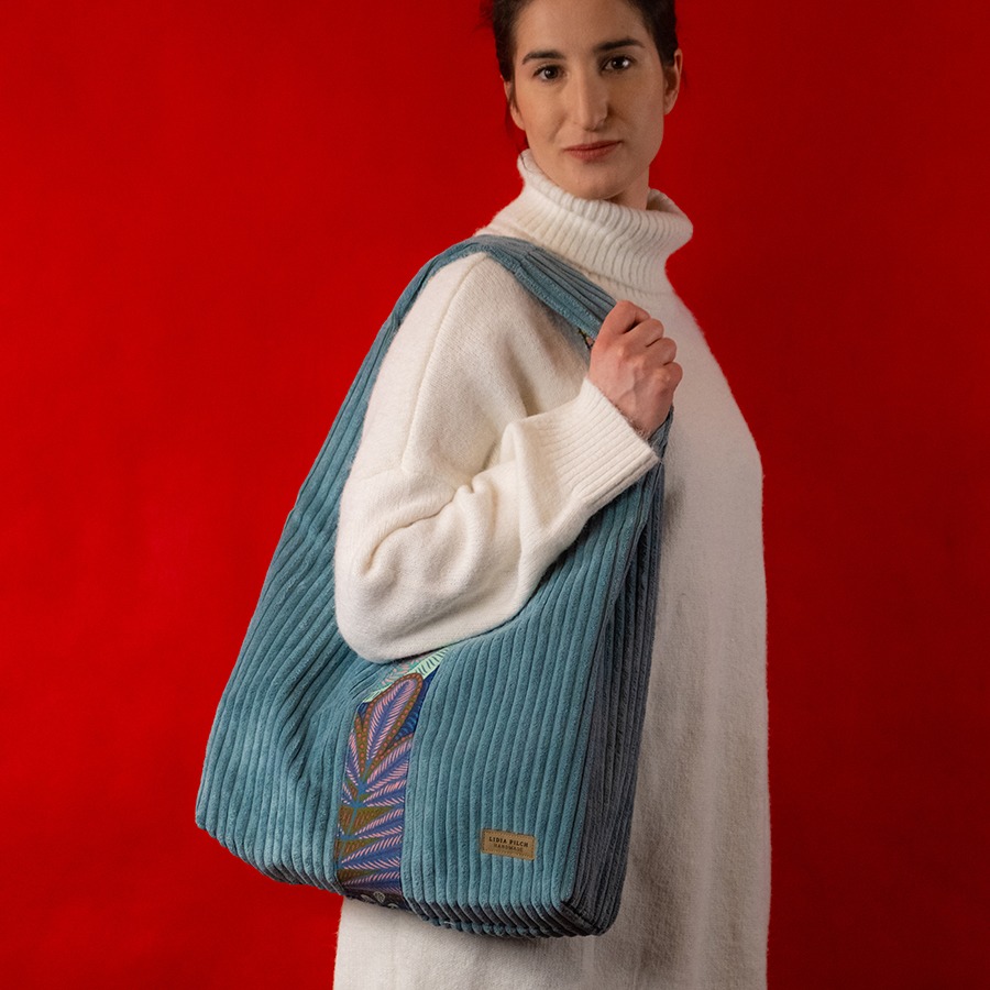 Torba na ramię - błękitny sztruks - obrazek 3