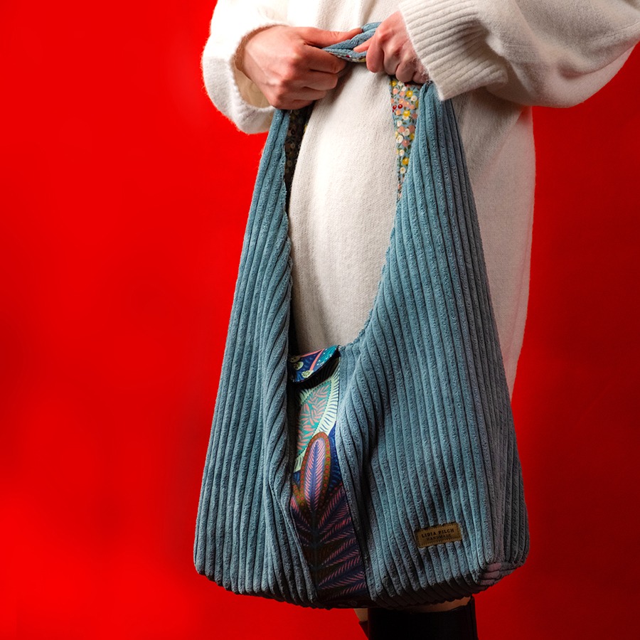 Torba na ramię - błękitny sztruks - obrazek 2