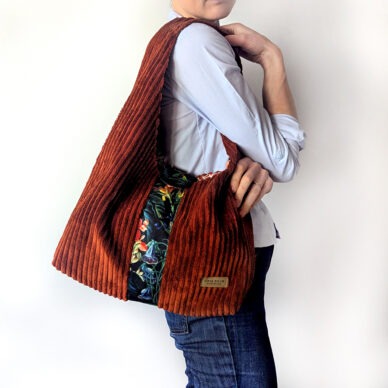 Brązowa torba na ramię z miękkiego sztruksu, lekka torebka codzienna handmade